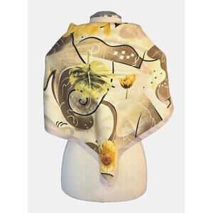 Hand Rolled Silk Floral Abstract Tan Yellow Scarf Wrap Shawl 39" Sq